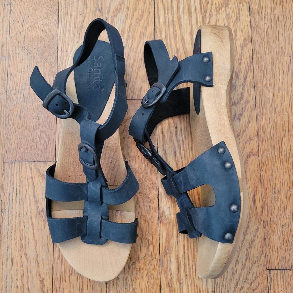 Sanita OLISE FLEX 39 Sandals Black Leather Stud Wooden Clog 8 Gladiator‎ Strappy